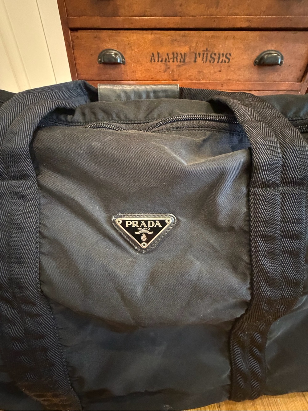 Prada Black Nylon Duffel Bag with Logo Plaque